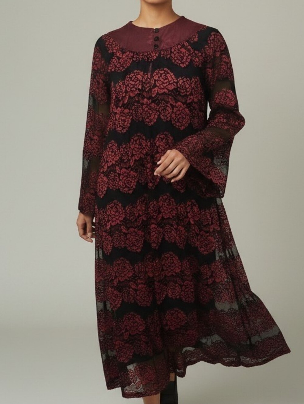 Vtg Whimsigoth Dress Black Red Roses Lace Maxi Dark Fairy Grunge Lagenlook